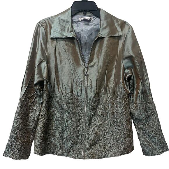 General Apparel Sz Large Green Bling Zip Jacket Top Crinkle Texture Evening - Picture 1 of 9